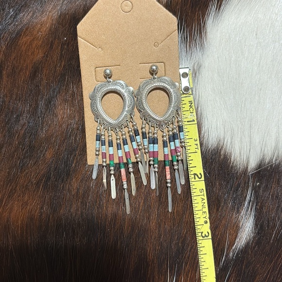 Zuni Sterling Silver 925 Multi Stone Open Concho Drop Earrings. - Picture 2 of 4